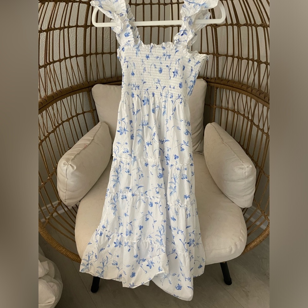 Hill House Blue and white botanical Ellie nap dress with pockets XS
